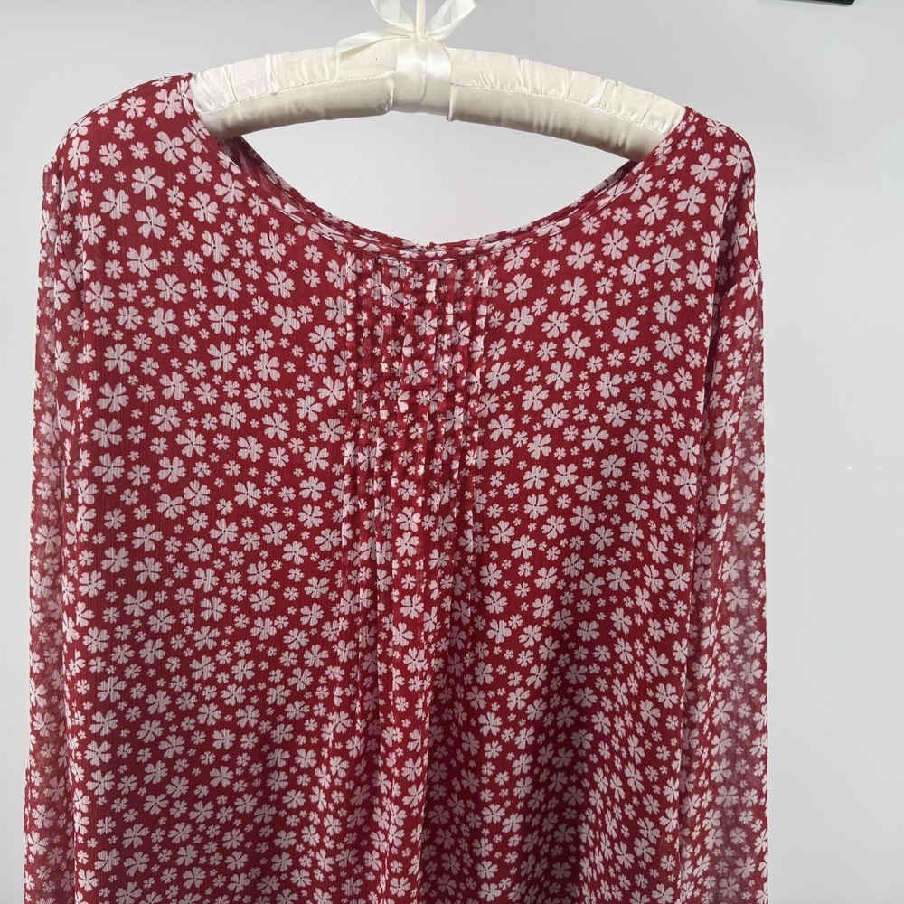 Tommy Hilfiger 2X Red Floral Peasant Blouse Boho Flowy Fall Sheer Chic Top - Picture 5 of 7